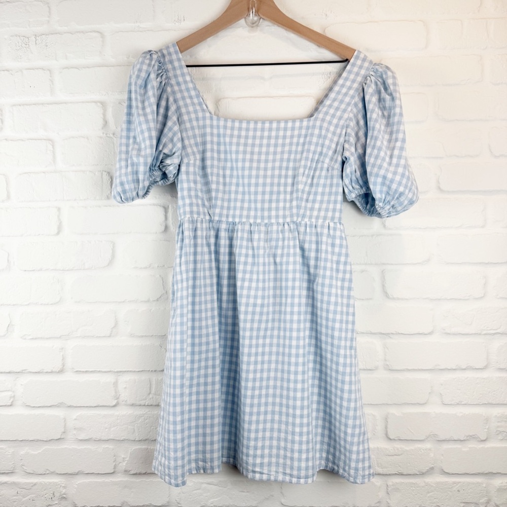 Abound Blue White Gingham Puff Sleeve Babydoll Mini Dress Small
